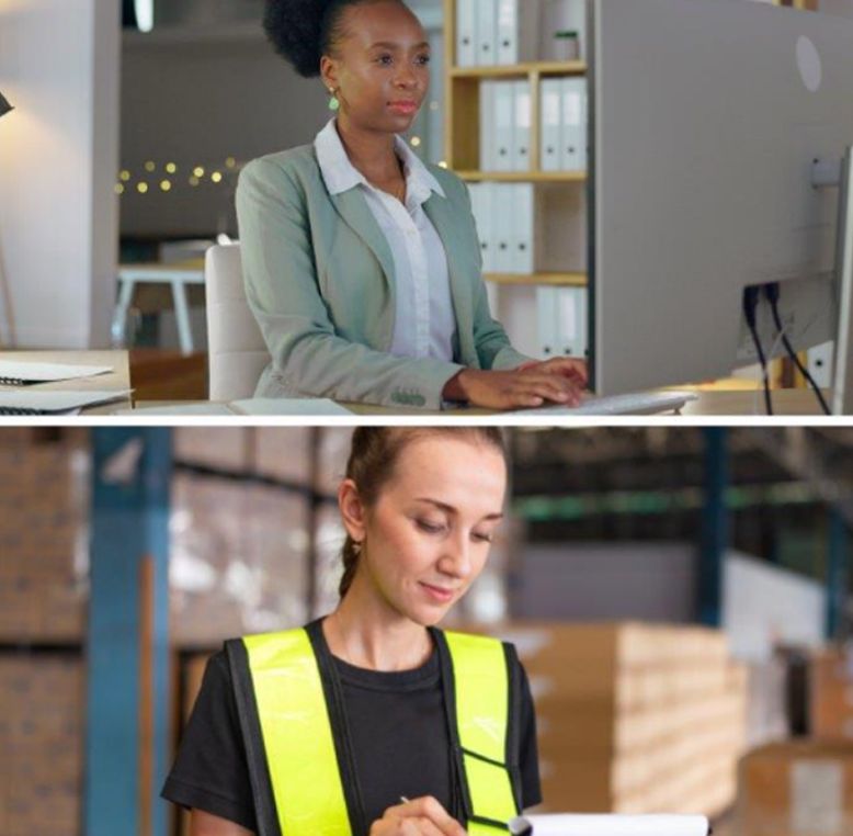A woman at a desk typing and a women in a warehouse writing.