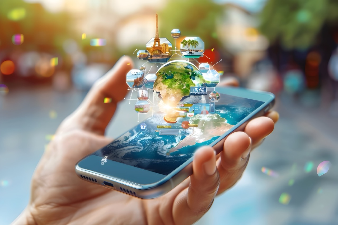 Person holding a phone that shows a metaverse image of tourism.