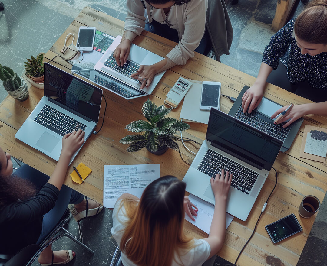 People working at the office with the laptops open.