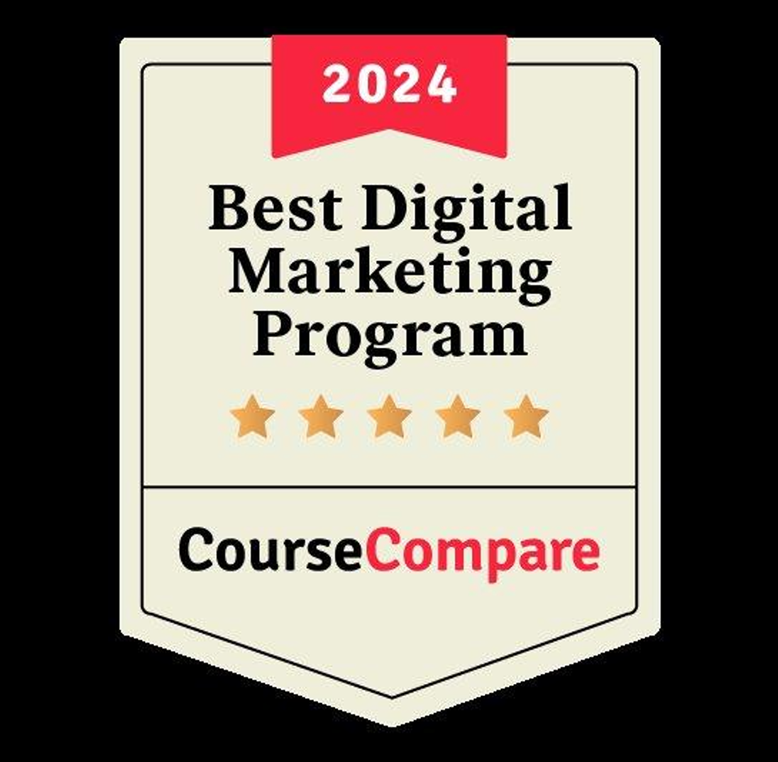 2024 Best Digital Marketing Program award badge from CourseCompare with five-star rating.