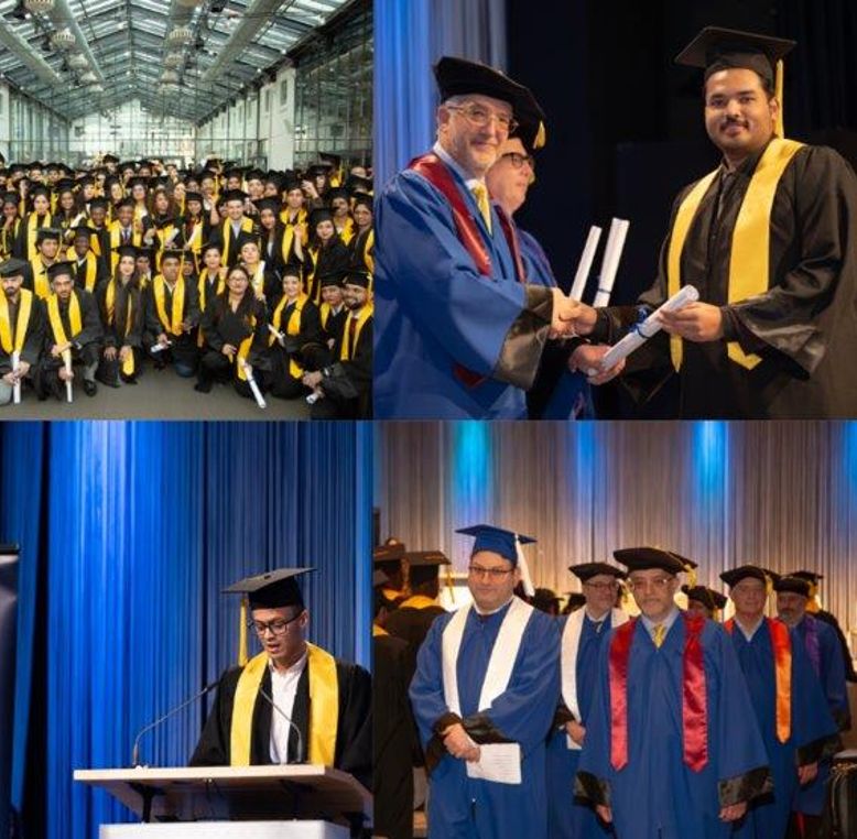 Four-panel collage of graduation ceremony: large group photo with graduates in yellow stoles, degree presentation, student speech at podium, and faculty procession in academic regalia.