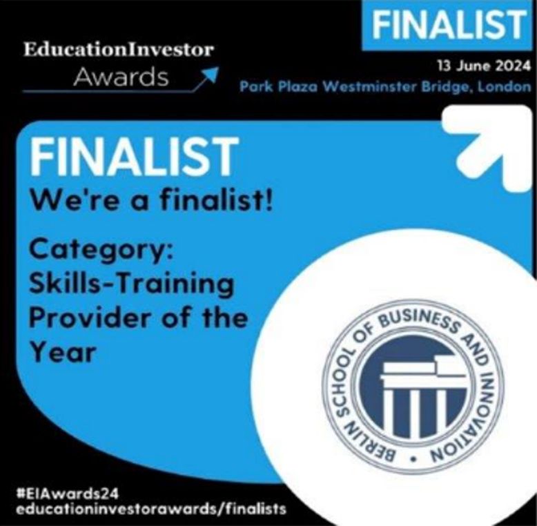 EducationInvestor Awards finalist announcement for the Berlin School of Business and Innovation. The design includes the BSBI logo, a blue and black colour scheme, and hashtags related to the event.