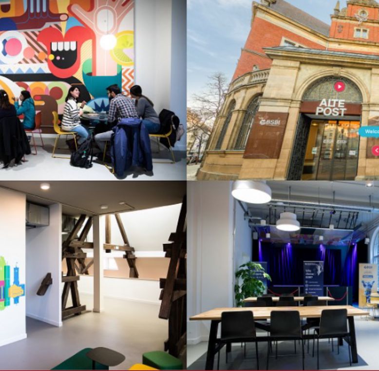Four images of workspace environments: top left shows people meeting by a colorful mural wall; top right displays a historic "Alte Post" building exterior; bottom left shows a modern minimalist office interior; bottom right features a conference room with wooden table and stage area.