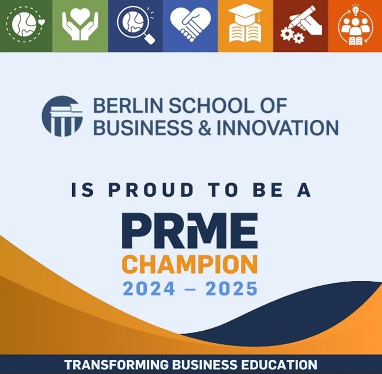 Berlin School of Business & Innovation logo with educational icons, announcing PRIME Champion status for 2024-2025, featuring navy and orange design elements and the tagline 'Transforming Business Education'.
