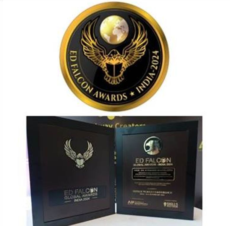 ED Falcon Awards India 2024 logo with gold eagle emblem above an open award certificate or plaque featuring the same falcon symbol.