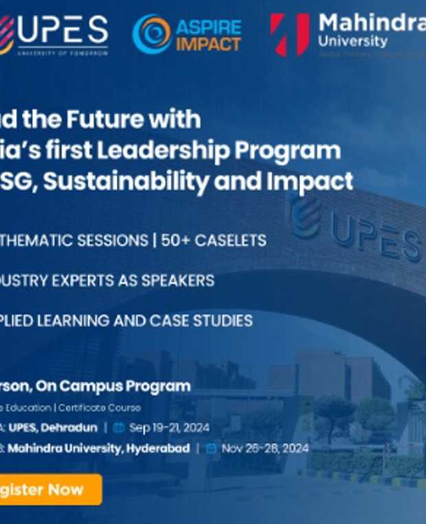 Logos of UPES, Aspire Impact, and Mahindra University. Snapshot of India's first ESG, Sustainability and Impact leadership program with key points