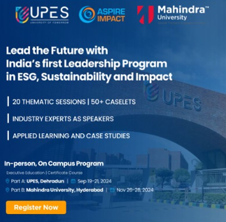 Logos of UPES, Aspire Impact, and Mahindra University. Snapshot of India's first ESG, Sustainability and Impact leadership program with key points