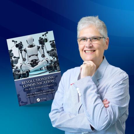 Headshot of the author next to the book cover for 'Revolutionizing Communication: The Role of Artificial Intelligence