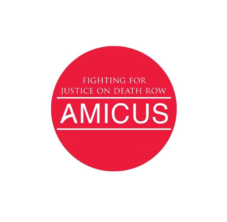 AMICUS logo - A red circular graphic with white text reading 'FIGHTING FOR JUSTICE ON DEATH ROW' above the word 'AMICUS' in large letters