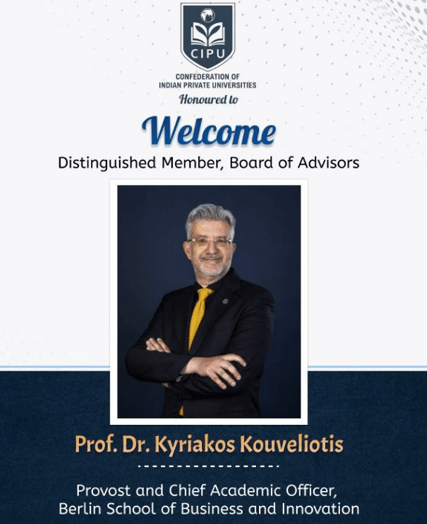 Headshot of Dr. Kyriakos Kouveliotis with arms crossed, accompanied by text announcing his appointment as a distinguished member of the Board of Advisors for the Confederation of Indian Private Universities. The text highlights his role as Provost and Chief Academic Officer at the Berlin School of Business and Innovation
