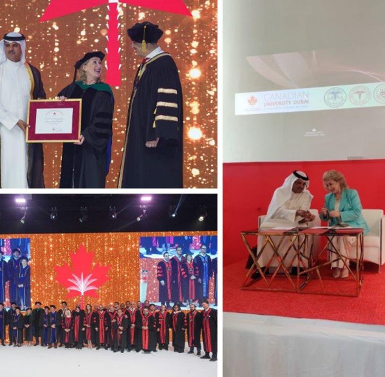 Collage showcasing multiple Memoranda of Understanding (MoUs) signed by Cyndi McLeod, CEO of GUS Canada, and Professor Karim Chelli, President and Vice-Chancellor of Canadian University Dubai, during two separate signing ceremonies. The image highlights the collaborative partnership between the two institutions.