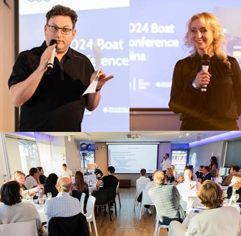 A collage of Sagi Hartov and Alina Gog presenting and a room full of people watching a presentation.