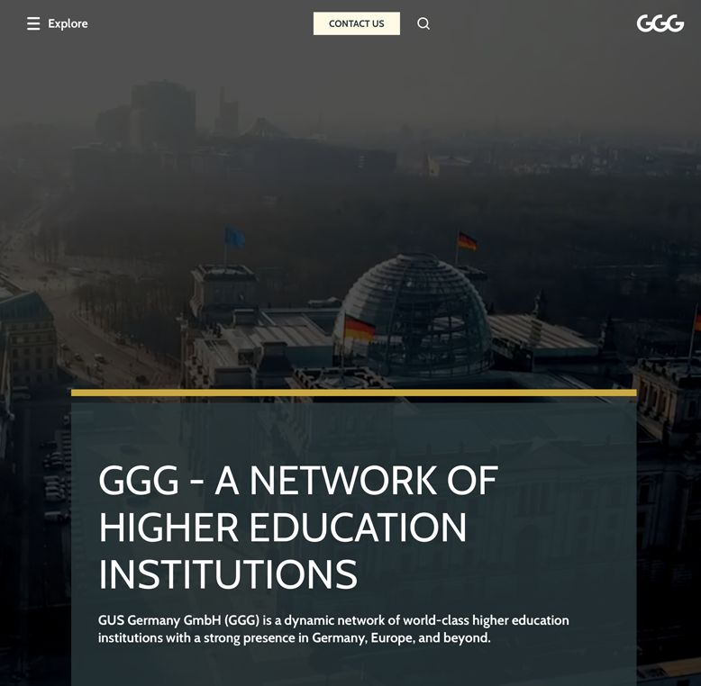 Aerial view of Berlin with the Reichstag dome visible, overlaid with text describing GGG as a network of higher education institutions.