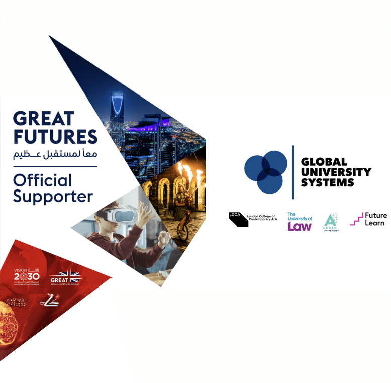 Logo of Global University Systems (GUS) and some of its institutions, including London College of Contemporary Arts (LCCA), University of Law (ULaw), Arden University, and FutureLearn, displayed as official supporters of the GREAT FUTURES event in Riyadh.