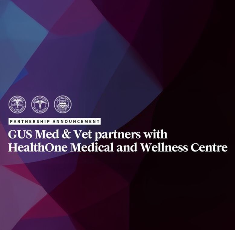 Announcement highlighting GUS Med and Vet partnership with HealthOne Medical and Wellness Centre, featuring the logos of Saba University School of Medicine, Medical University of the Americas, and St. Matthew's University School of Medicine.