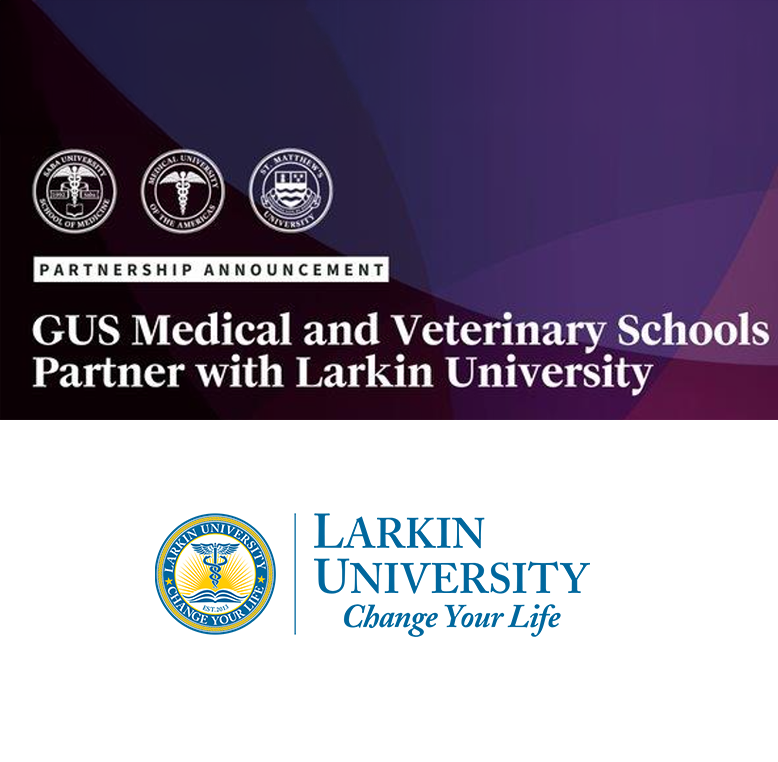 GUS Medical and veterinary and Larkin University logos
