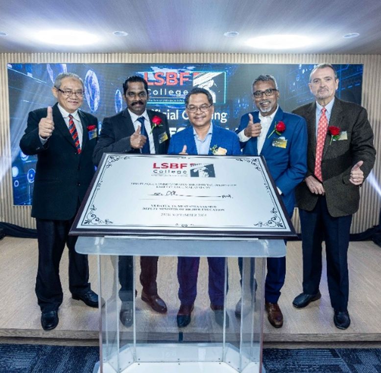 Rathakrishnan Govind, Global CEO of the London School of Business and Finance (LSBF), alongside other representatives, marking the official opening of the LSBF campus in Kuala Lumpur.