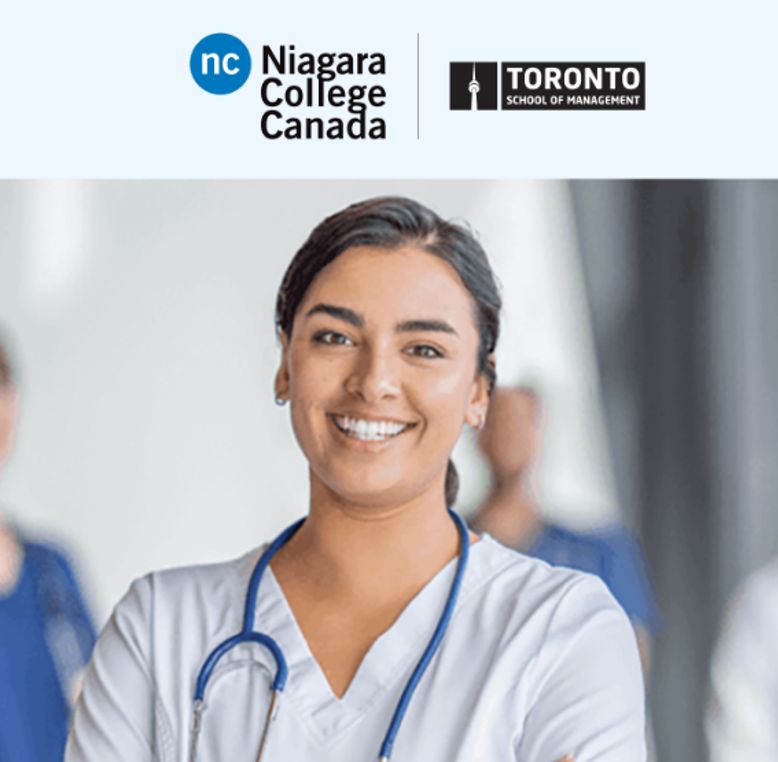 A student nurse wearing a stethoscope, representing the nursing programmes at Niagara College and Toronto School of Management.