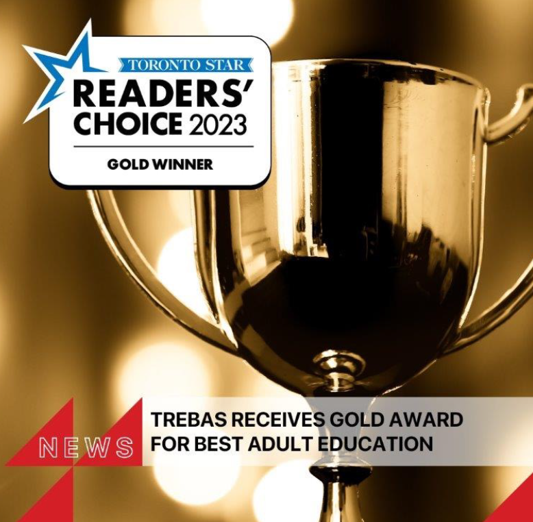 Toronto Star Readers' Choice 2023 Gold Winner badge overlaid on a close-up image of a golden trophy. A news banner at the bottom reads 'Trebas Receives Gold Award for Best Adult Education