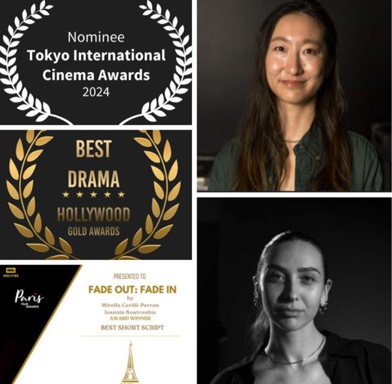 Headshots of Trebas Institute Quebec alumni Reina Shiotsu and Mirella Cerilli Perron, displayed alongside their awards. Reina Shiotsu was honoured with the Best Drama award at the Hollywood Gold Awards and a nomination at the Tokyo International Cinema Awards for her film 'My Farewell Note.' Mirella Cerilli Perron won Best Short Script at the Paris Film Awards for her film 'Fade-In Fade-Out.