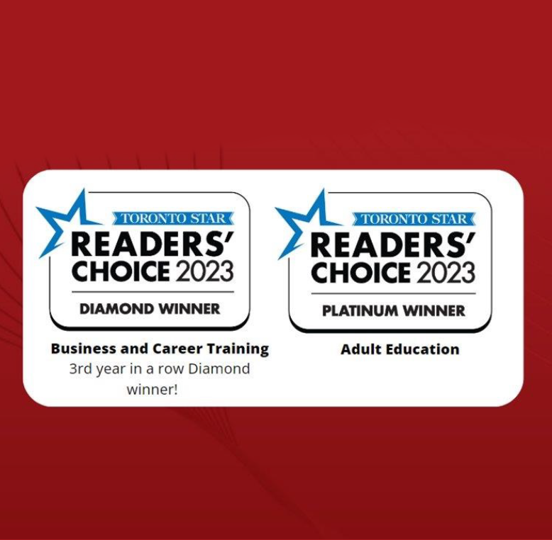 Two Toronto Star Readers' Choice 2023 award badges on a white background against a red backdrop. The left badge is a Diamond Winner for 'Business and Career Training', noting it's the 3rd year in a row as a Diamond winner. The right badge is a Platinum Winner for 'Adult Education'.