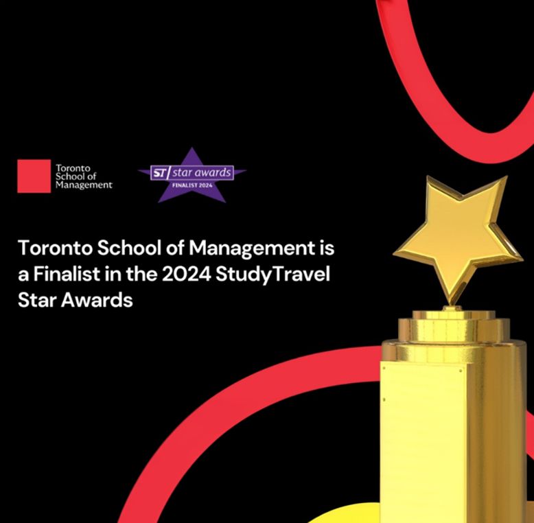Logo of Toronto School of Management (TSoM) alongside the 2024 StudyTravel Star Awards Finalist logo, recognising TSoM as a finalist in the Vocational College category for excellence in service within the study travel industry