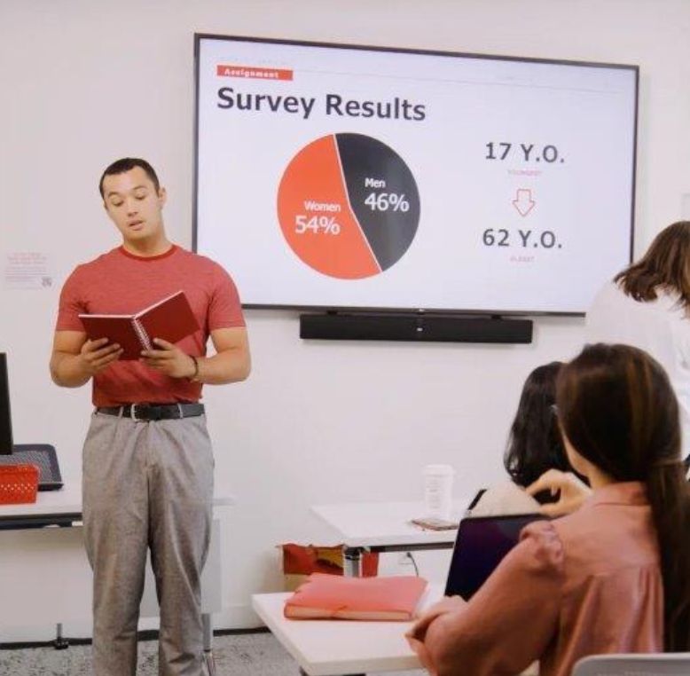 Person speaking at a presentation