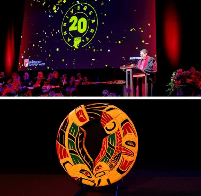 Dr Bashir Makhoul, President and Vice-Chancellor of UCW standing at a lectern presenting in front of a sign with '20 anniversary' on.