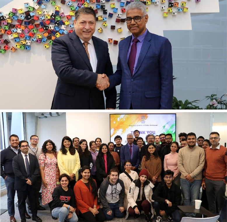 Two photos. Top: Two men in suits shaking hands in front of a colorful wall. Bottom: A group photo of diverse professionals and students in an office setting.