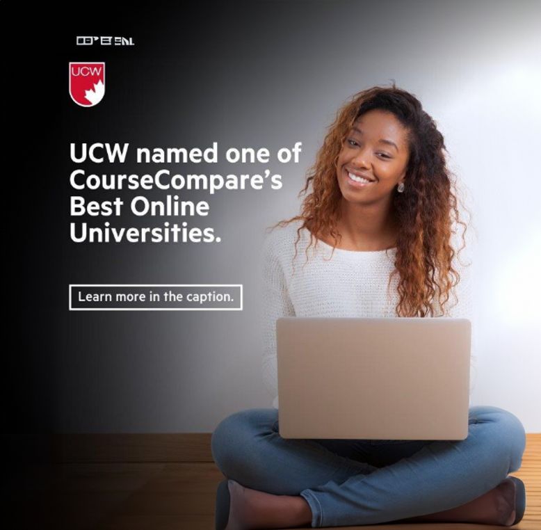 A young woman sits cross-legged with a laptop, smiling at the camera. The image features text announcing UCW as one of CourseCompare’s Best Online Universities, with a prompt to learn more in the caption.