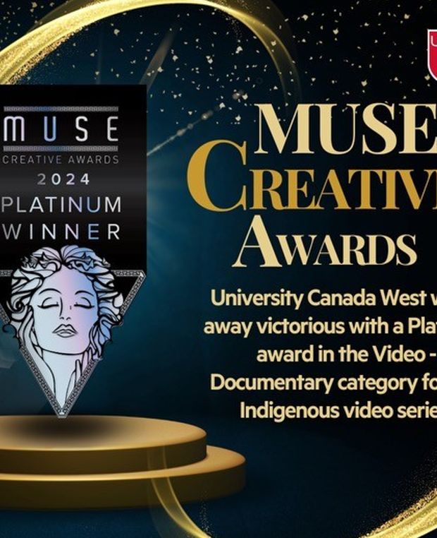 University Canada West's logo alongside the 2024 MUSE Creative Awards Platinum Winner logo, recognising UCW's achievement in the Video-Documentary category for its Indigenous video series, 'Understanding Indigenous History: A Path Forward'