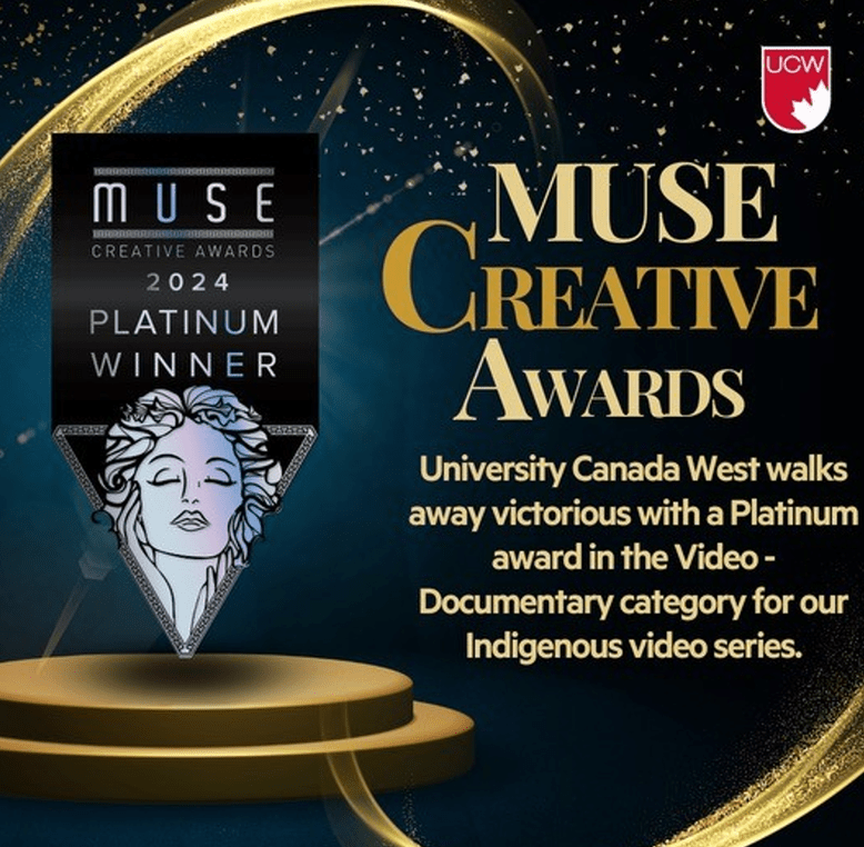 University Canada West's logo alongside the 2024 MUSE Creative Awards Platinum Winner logo, recognising UCW's achievement in the Video-Documentary category for its Indigenous video series, 'Understanding Indigenous History: A Path Forward'