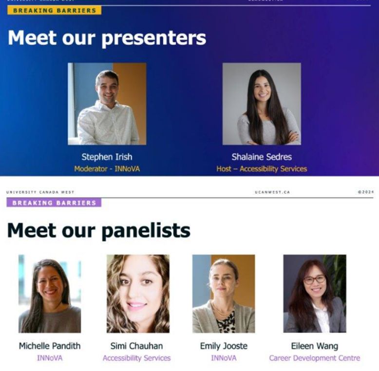 Breaking Barriers event presenters and panelists: Stephen Irish, Shalaine Sedres, Michelle Pandith, Simi Chauhan, Emily Jooste, and Eileen Wang.