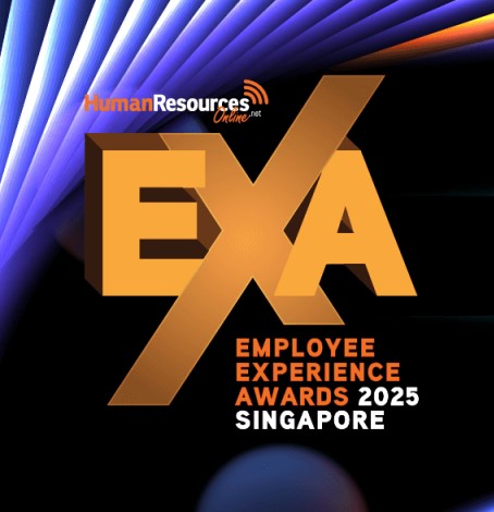 Promotional graphic for the 'Employee Experience Awards 2025 Singapore' organized by Human Resources Online. The design features the text 'Human Resources Online.net' in the top left, a large 'EXA' in the center, and colorful abstract light streaks in the background.