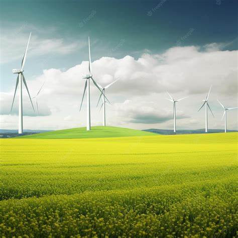 Green field with wind turbines
