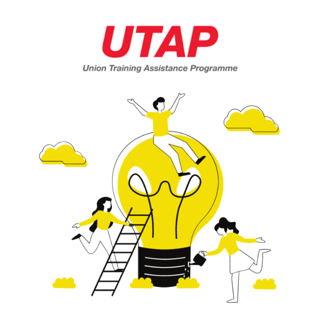 UTAP (Union Training Assistance Programme) logo with illustration showing three people in yellow shirts celebrating around a large yellow lightbulb.