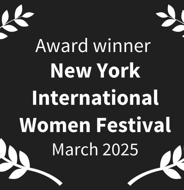 Award winner laurel wreath logo for New York International Women Festival March 2025 in white text on black background.
