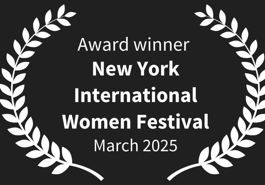 Award winner laurel wreath logo for New York International Women Festival March 2025 in white text on black background.
