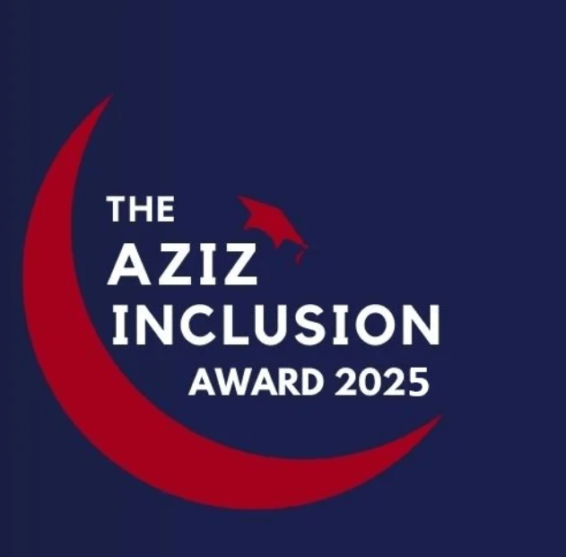 The Aziz Inclusion Award 2025 logo featuring white text on a dark blue background with a red crescent moon.
