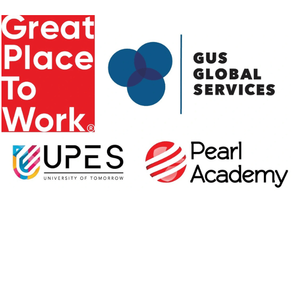 Logos for Great Place to Work, GUS Global Services, UPES, and Pearl Academy