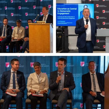 Three photos from University of Canada West events showing speakers at podiums and panelists during discussions, with one featuring a presentation on 'Education as Central to Democratic Engagement' by Lord Blunkett.
