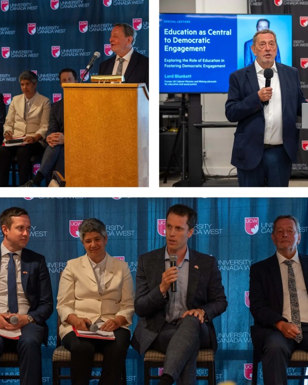 Three photos from University of Canada West events showing speakers at podiums and panelists during discussions, with one featuring a presentation on 'Education as Central to Democratic Engagement' by Lord Blunkett.