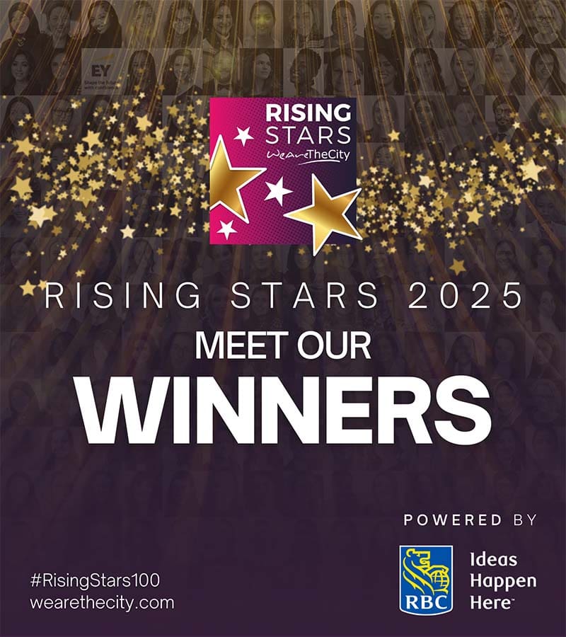 Rising Stars 2025 winners announcement with golden stars and portrait photos background.