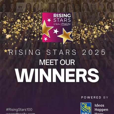 Rising Stars 2025 winners announcement with golden stars and portrait photos background.