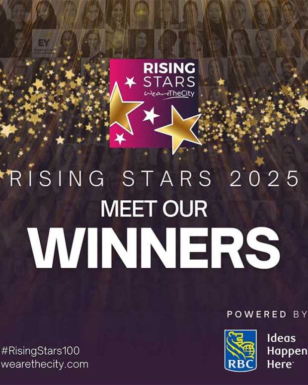 Rising Stars 2025 winners announcement with golden stars and portrait photos background.