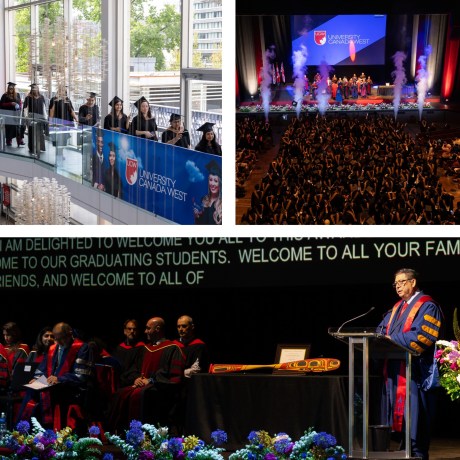 University Canada West graduation ceremony collage showing graduates on balcony, stage celebration with confetti, and speaker at podium addressing audience.