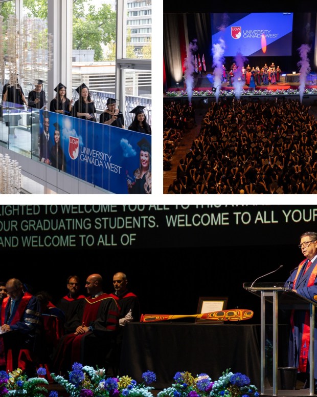 University Canada West graduation ceremony collage showing graduates on balcony, stage celebration with confetti, and speaker at podium addressing audience.