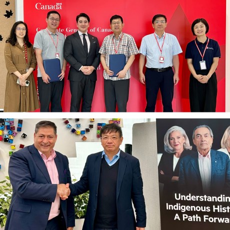 Two photos: Top shows six people with certificates at Canadian Consulate General event; bottom shows two men shaking hands next to Indigenous History exhibition display.