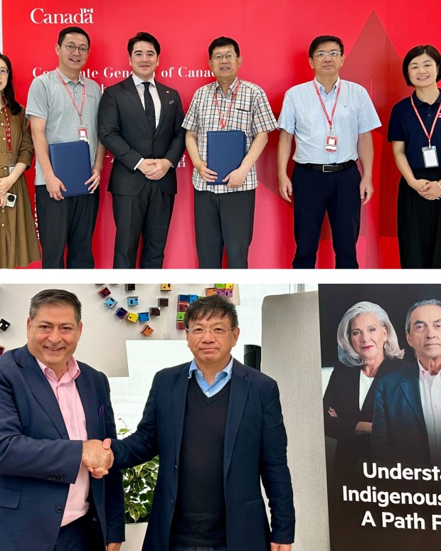 Two photos: Top shows six people with certificates at Canadian Consulate General event; bottom shows two men shaking hands next to Indigenous History exhibition display.