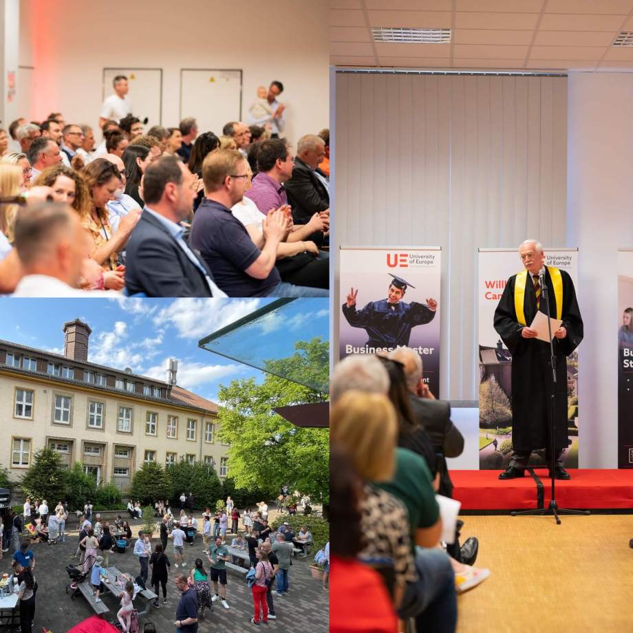 University of Europe for Applied Sciences' graduation ceremony with audience, outdoor campus celebration, and academic speaker in graduation robes.